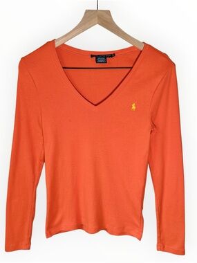 Ralph Lauren Sport Women’s Shirt V Neck Size Medium Orange 100% Cotton Pony Logo